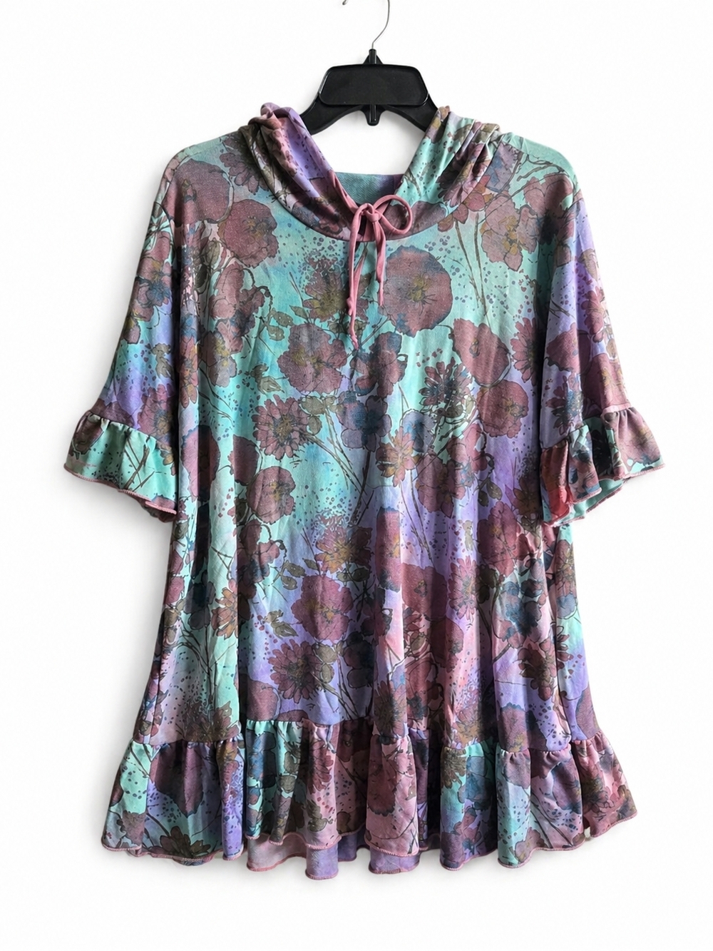 Floral Ruffle Hem Hoodie Tunic in Teal & Lavender 2XL